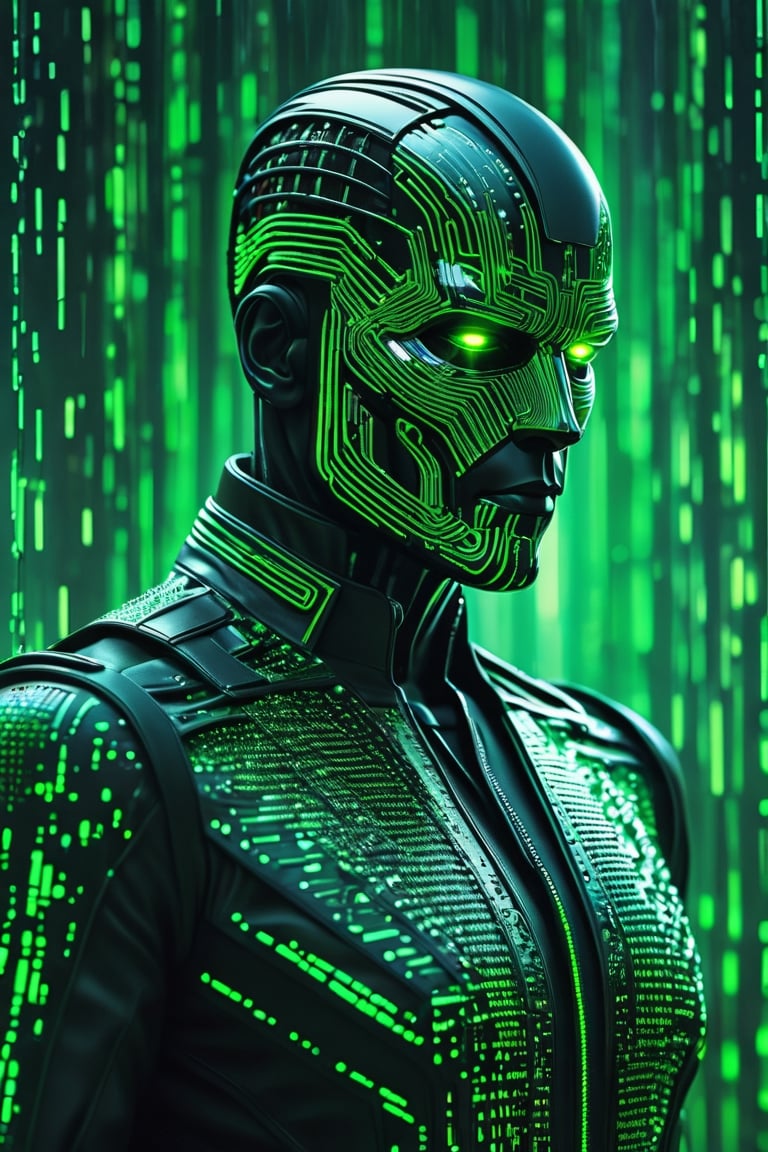 Imagine a vibrant canvas illuminated by a waterfall of green binary code,  forming the silhouette of a T1000 terminator wi...