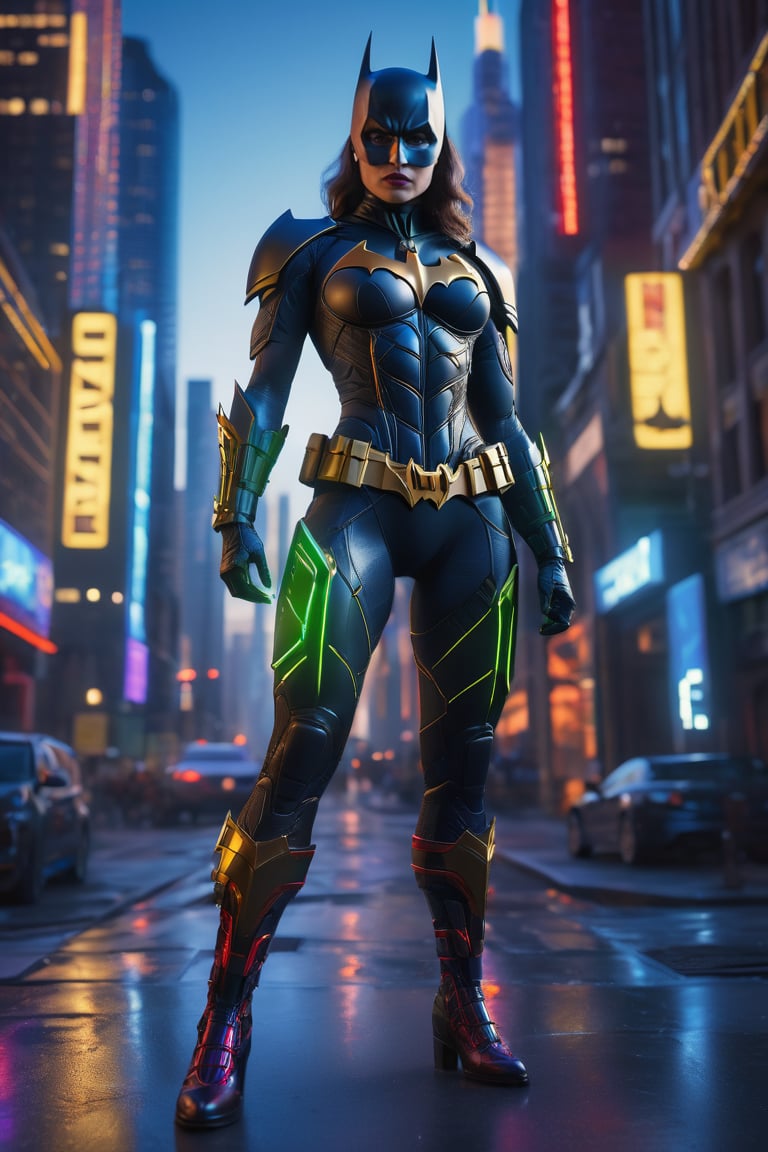 A 3D rendering of a woman dressed as Batman,  showcasing a full-body muscular build,  striking a pose atop buildings. The...