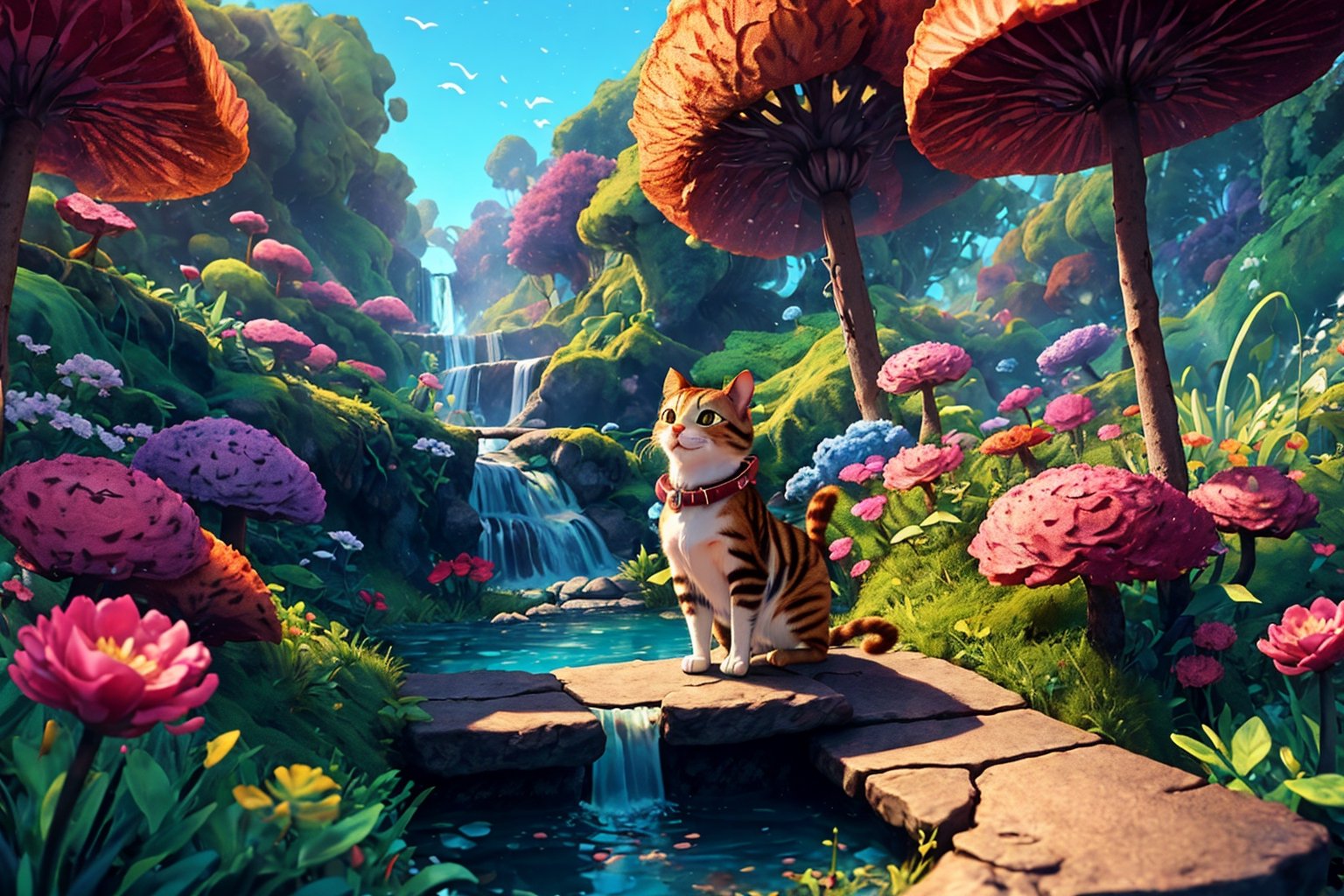 After spending an incredible time in front of the enchanting waterfall, the cat and the squirrel decided to go home with happy smiles on their faces. The warm sun and bright blue sky witnessed their unforgettable adventure. The cat and Tuki walked together on a path that snaked through the lush forest. Their steps were energetic, and they talked to each other cheerfully, sharing stories of their adventures. They looked so close and happy, as if this adventure had strengthened their friendship. Along the way home, they passed cheerfully flowing small streams and vibrant grasslands. The beautiful sounds of nature, such as birds chirping and leaves rustling, filled the air, creating a harmonious backdrop for their journey. As their home drew closer, the happiness on the faces of the Cat and the Squirrel grew brighter. They knew that today's adventure would be a memory they would cherish forever. Their friendship has been strengthened by this experience, and they realize how lucky they are to be able to share these beautiful moments together.