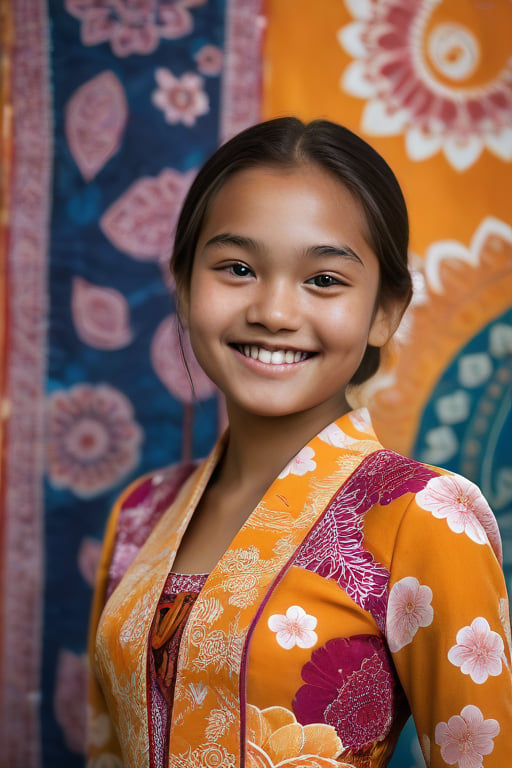 Depict a 17-year-old Indonesian girl gracefully wearing a bright traditional Javanese kebaya,  featuring beautiful batik d...