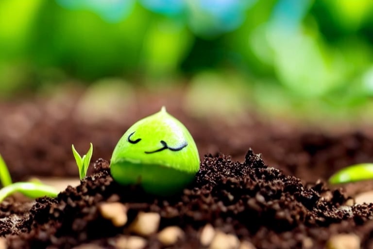 Sam's tiny green sprout peeking out of the soil, looking like a little green smile.

With each passing day, Sam grew taller and stronger. The meadow was filled with the chirping of birds and the buzzing of bees. Sam made friends with a ladybug named Lily and a curious rabbit named Robbie.