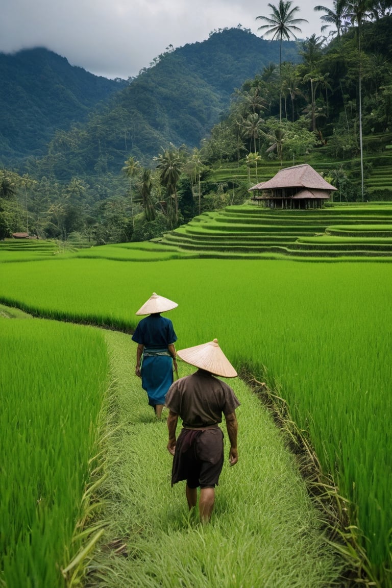 Imagine you are standing in the middle of the calm and beautiful Indonesian countryside. Around you are green rice fields stretching as far as the eye can see, depicting the farmer's life that is so typical here. The lush growing rice provides a deep green nuance. Behind the rice fields, you can see towering mountains, covered by lush tropical forests.

The sky is clear blue with white clouds moving slowly above your head. Beneath the sky, a group of traditional Javanese houses stands majestically with tapering thatched roofs. The bright and natural colors show the friendliness of the villagers who live a simple life.

Along the winding paths, you see village children playing happily, while wearing typical traditional clothes. They smiled happily, and looked happy in their togetherness.