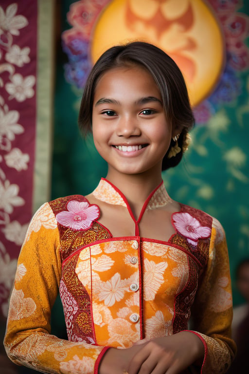 Depict a 17-year-old Indonesian girl gracefully wearing a bright traditional Javanese kebaya,  featuring beautiful batik d...