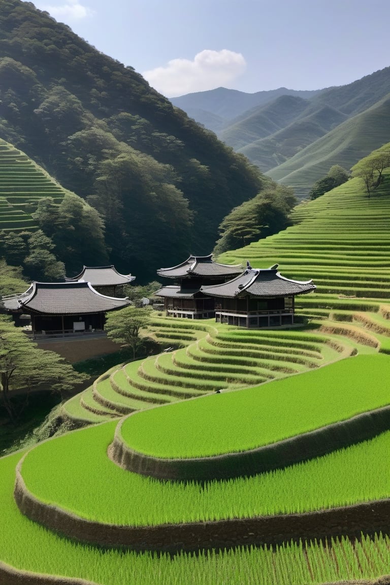 You're in the middle of the beautiful Korean countryside, under clear, sunny blue skies, with green mountains towering in the distance. The sun was shining brightly, reflecting its rays over the neatly arranged green rice fields, giving a golden glow to the rice fields that swayed gently in the gentle breeze. These rice fields are like a sea of gold that swirls around, creating a hypnotic play of light. Along the edge of the rice fields, there is a path made of small stones arranged neatly. This road crosses rice fields and takes you towards a small village located on the mountainside. Large trees with dense green leaves provide coolness and shade along the road, creating a soothing green corridor. This small village is filled with traditional Korean houses made of wood with dark brown tile roofs. Each house has a small garden in front filled with colorful flowers, such as plum blossoms, cherry blossoms, and jasmine. There is also a small bridge connecting the village to the vegetable plantation area, which is filled with plants such as radishes, daikon and red chilies that gleam in the sun. You can see friendly villagers wearing traditional Korean clothing, hanbok, doing their activities around the village. Some of them are busy with agricultural work, while others sit together under shady trees, enjoying traditional Korean green tea.In the distance, you can see a magnificent ancient temple, with colorful terraced roofs and a huge Buddha statue. This temple is the center of the spiritual life of the local community, and you can see groups of pilgrims who come to meditate and pray.4k,8k