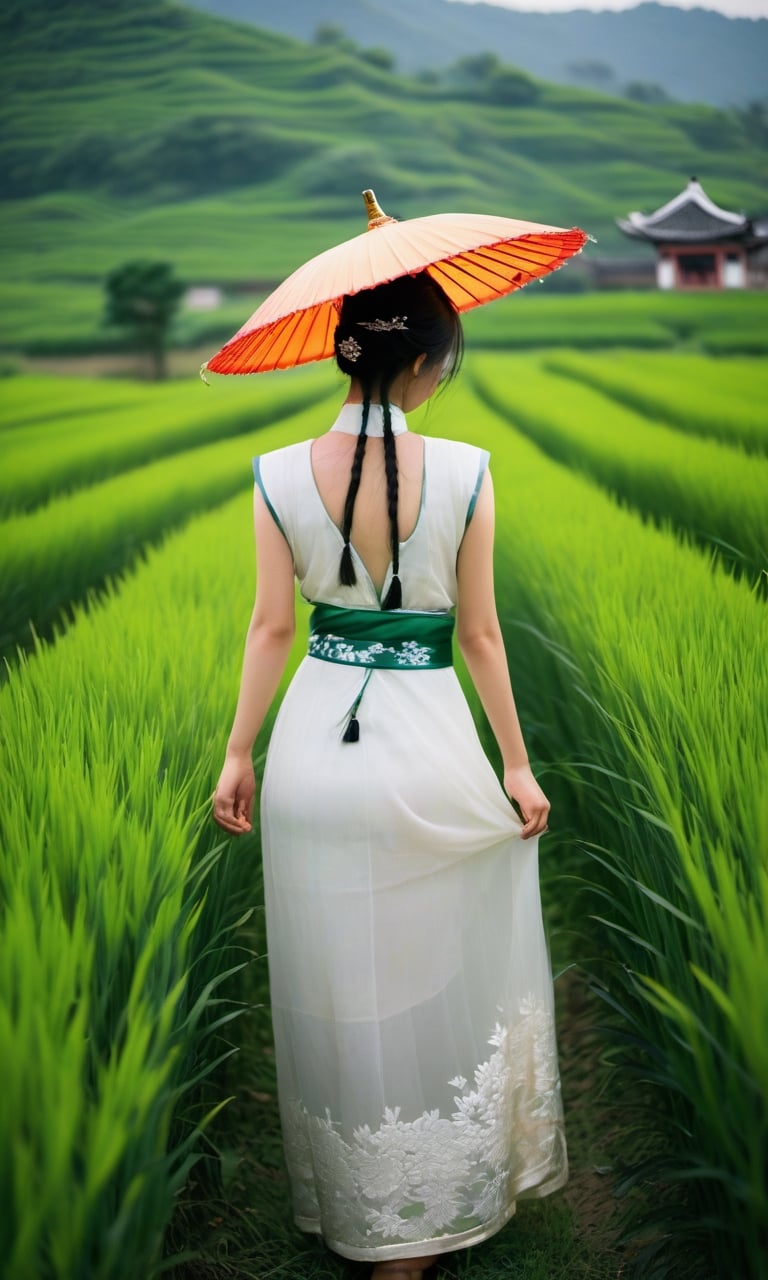 In the warm evening light, there was an 18 year old girl standing on the edge of a vast green expanse in rural China. The sun was starting to set behind the hills in the distance, emitting a golden yellow color, creating a beautiful silhouette that surrounded the girl. This girl had long black hair that flowed gently with the gentle breeze, creating a beautiful shadow on her face that was full of an expression of wisdom and elegance.

She wore a traditional Chinese dress made of silk with a delicate floral motif, providing a colorful touch amidst the shady green expanse. In his hand, he held a red Chinese umbrella, as if ready to embark on a journey amidst the tranquil nature. Around him, lush green fields could be seen, with rice plants towering under the sun. In the distance, a river flowed peacefully, creating a clear reflection of the colorful evening sky. Several ducks swimming in the river add a lively touch to this scene. The girl is also surrounded by towering bamboo trees, creating a unique texture in the background. Above the skylight, seagulls flew in a V formation, adding a dramatic element to the picture. However, what stood out the most were the girl's eyes; her bright, inquisitive brown eyes reflect the depth of spirit and profound cultural richness of rural China. This moment is a portrait of natural beauty and cultural elegance combining themselves into one stunning whole.