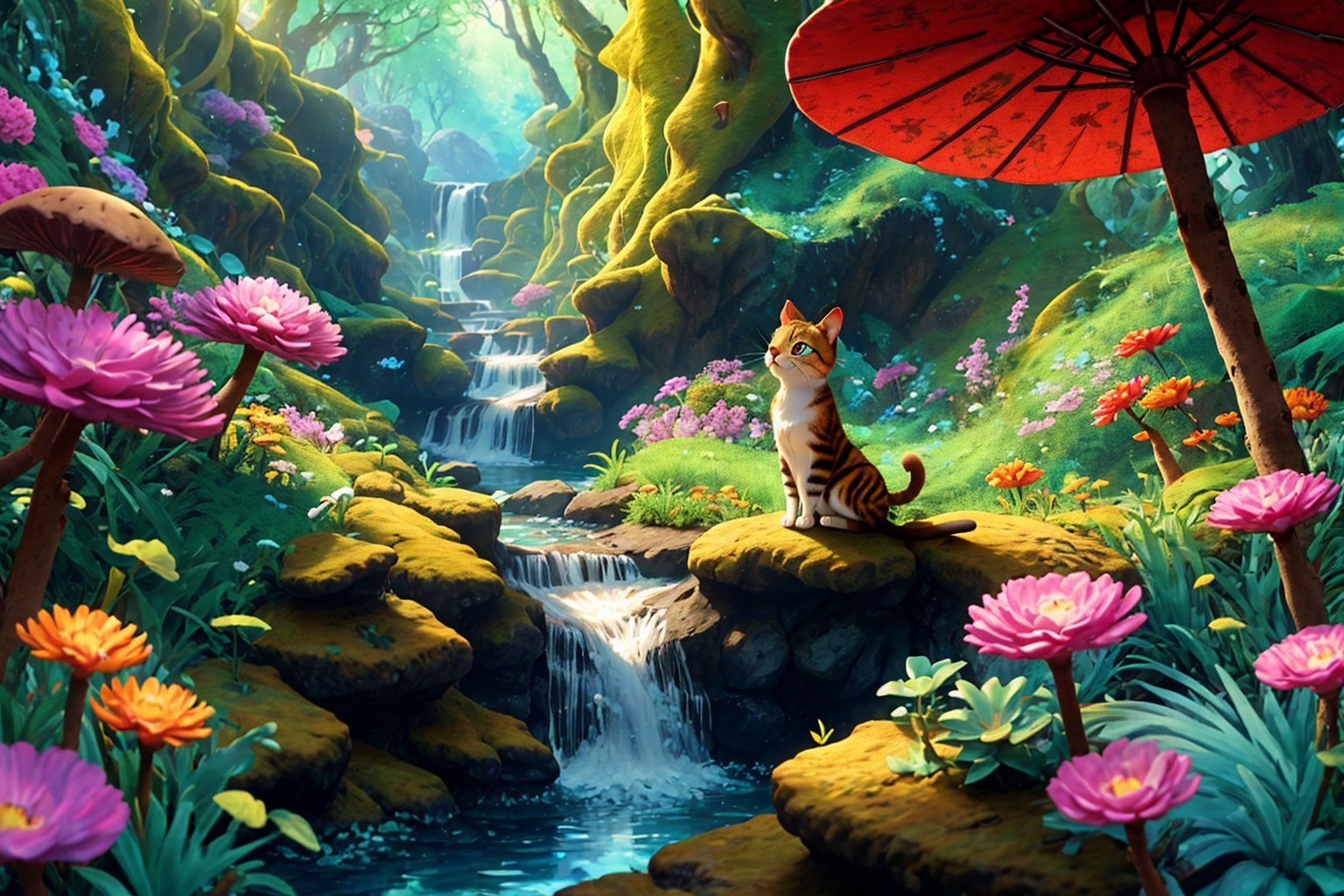 After spending an incredible time in front of the enchanting waterfall, the cat and the squirrel decided to go home with happy smiles on their faces. The warm sun and bright blue sky witnessed their unforgettable adventure. The cat and Tuki walked together on a path that snaked through the lush forest. Their steps were energetic, and they talked to each other cheerfully, sharing stories of their adventures. They looked so close and happy, as if this adventure had strengthened their friendship. Along the way home, they passed cheerfully flowing small streams and vibrant grasslands. The beautiful sounds of nature, such as birds chirping and leaves rustling, filled the air, creating a harmonious backdrop for their journey. As their home drew closer, the happiness on the faces of the Cat and the Squirrel grew brighter. They knew that today's adventure would be a memory they would cherish forever. Their friendship has been strengthened by this experience, and they realize how lucky they are to be able to share these beautiful moments together.