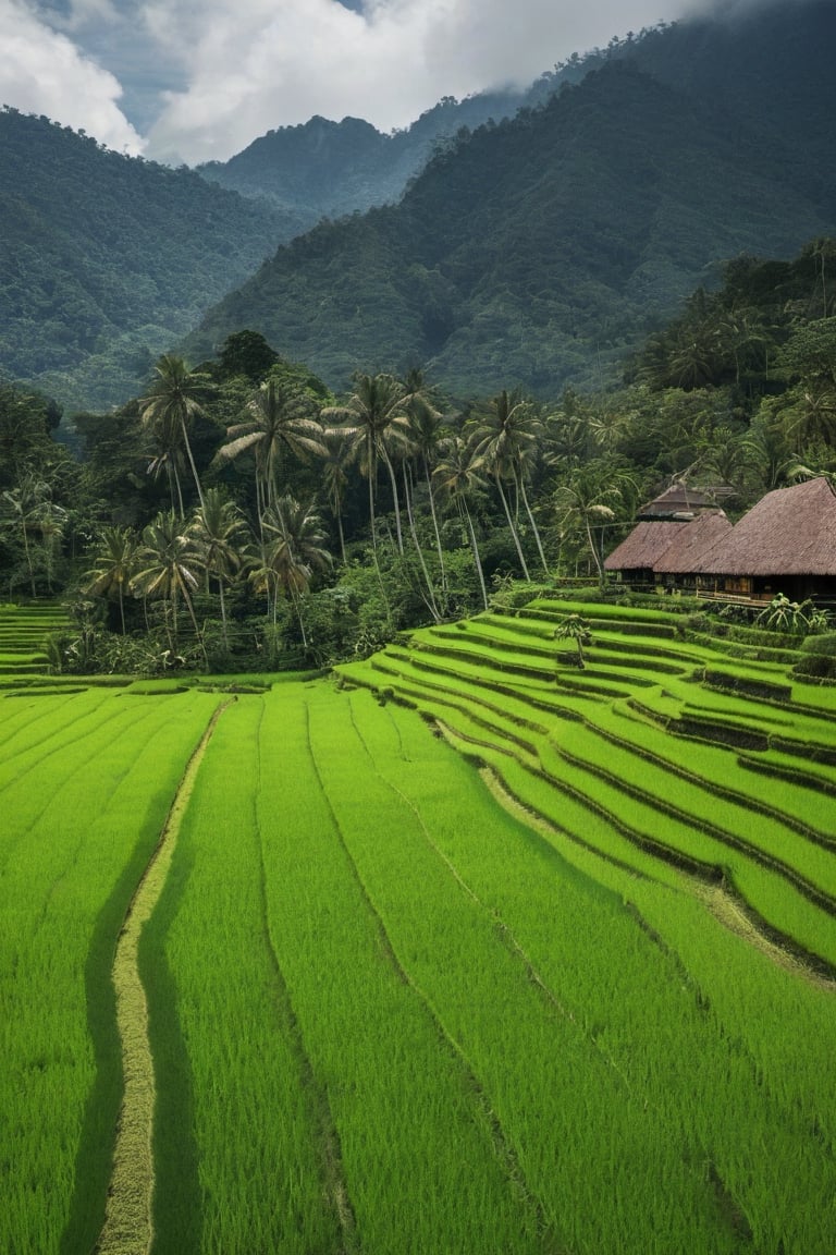 Imagine you are standing in the middle of the calm and beautiful Indonesian countryside. Around you are green rice fields stretching as far as the eye can see, depicting the farmer's life that is so typical here. The lush growing rice provides a deep green nuance. Behind the rice fields, you can see towering mountains, covered by lush tropical forests.

The sky is clear blue with white clouds moving slowly above your head. Beneath the sky, a group of traditional Javanese houses stands majestically with tapering thatched roofs. The bright and natural colors show the friendliness of the villagers who live a simple life.

Along the winding paths, you see village children playing happily, while wearing typical traditional clothes. They smiled happily, and looked happy in their togetherness.