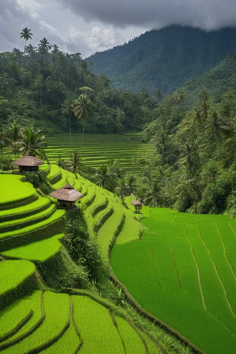 Imagine you are standing in the middle of the calm and beautiful Indonesian countryside. Around you are green rice fields stretching as far as the eye can see, depicting the farmer's life that is so typical here. The lush growing rice provides a deep green nuance. Behind the rice fields, you can see towering mountains, covered by lush tropical forests.

The sky is clear blue with white clouds moving slowly above your head. Beneath the sky, a group of traditional Javanese houses stands majestically with tapering thatched roofs. The bright and natural colors show the friendliness of the villagers who live a simple life.

Along the winding paths, you see village children playing happily, while wearing typical traditional clothes. They smiled happily, and looked happy in their togetherness.