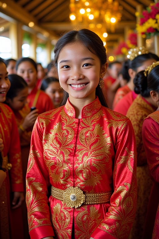 Depict a 17-year-old Indonesian girl gracefully wearing a bright traditional Javanese kebaya,  featuring beautiful batik d...