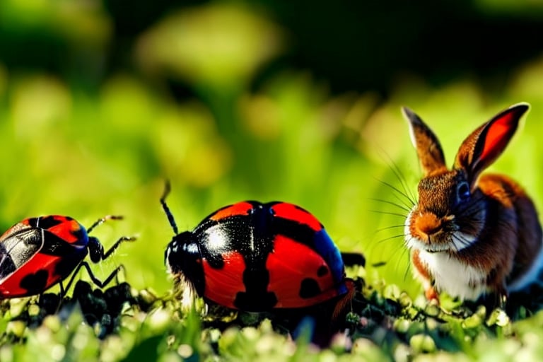 Sam, Lily the ladybug, and Robbie the rabbit playing together under the golden sun.