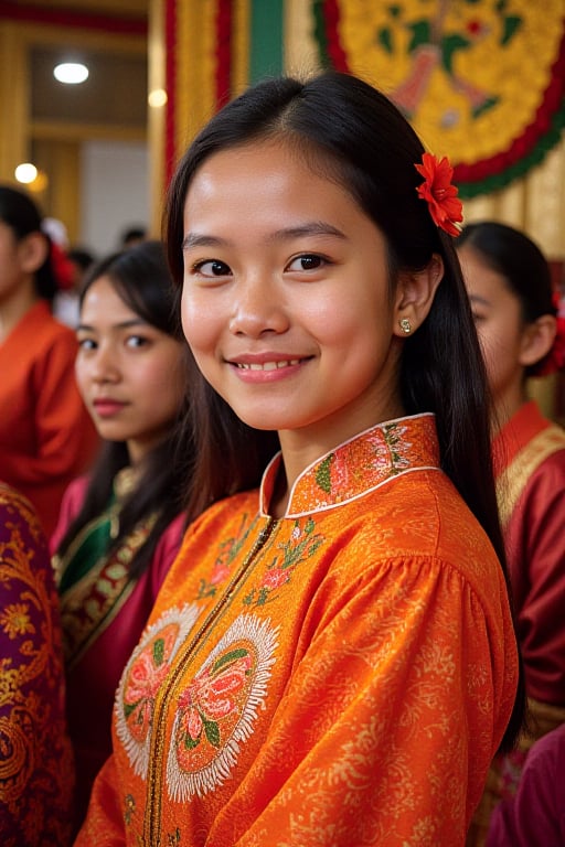 Depict a 17-year-old Indonesian girl gracefully wearing a bright traditional Javanese kebaya,  featuring beautiful batik d...