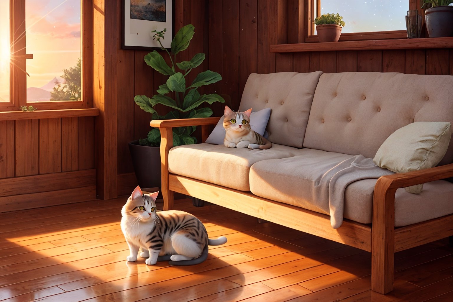 In a warm and loving house, there is a view full of charm. The cat, a small, fluffy creature with a smooth reddish brown color, lay comfortably on the soft sofa. Its small body moves up and down slowly along with its calm breathing. The Cat's natural color creates a beautiful contrast with the soft cream color of the sofa surrounded by brightly colored cushions. The soft feathers seem to create a blend of different color notes, like a living canvas. Her small head, with ears that seemed to listen to the whispering wind, lay beautifully on one of the pillows, facing towards the window. Outside the window, the world was revealed in the beauty of the rising sun. Soft golden light radiated in, illuminating the room with warmth. The young sun, with its light casting delicate shadows along the surface of the window glass, offers the promise of a new day. Sunlight plays a sparkling dance on the surface of the clean wooden floor, creating amazing light patterns.