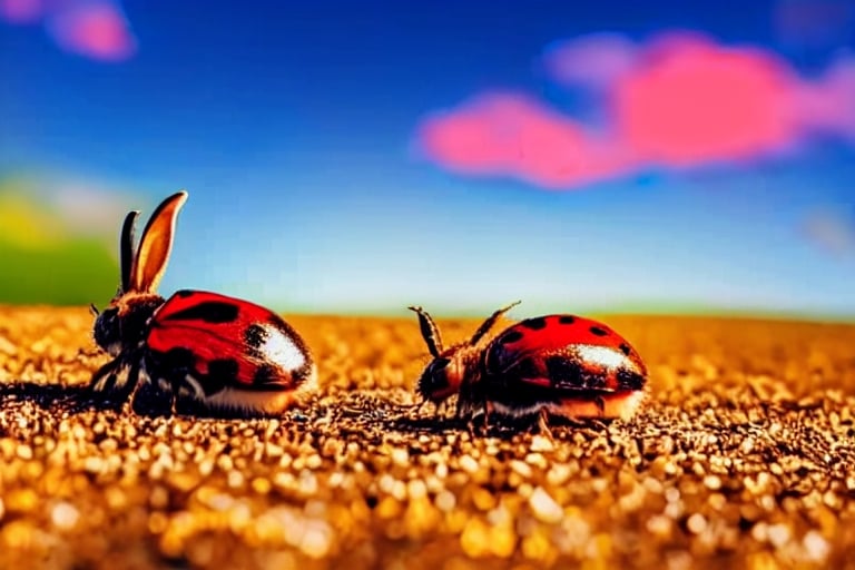 Sam, Lily the ladybug, and Robbie the rabbit playing together under the golden sun.