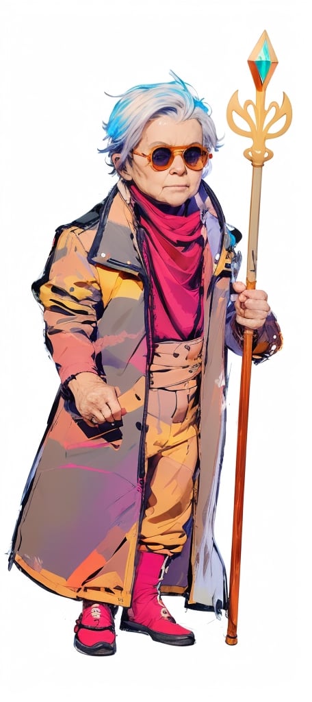 older midget in a multicolored jacket, holding a magical staff with a crystal