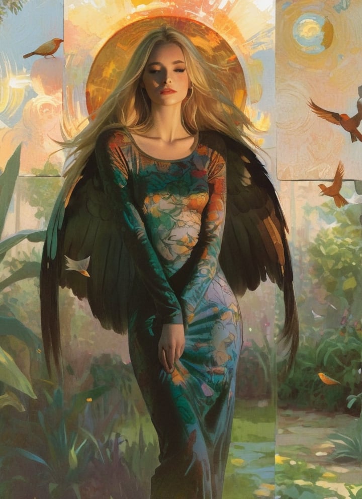 straight blonde hair, impressionism, birds, garden of eden, glowing sun, graphic comic book