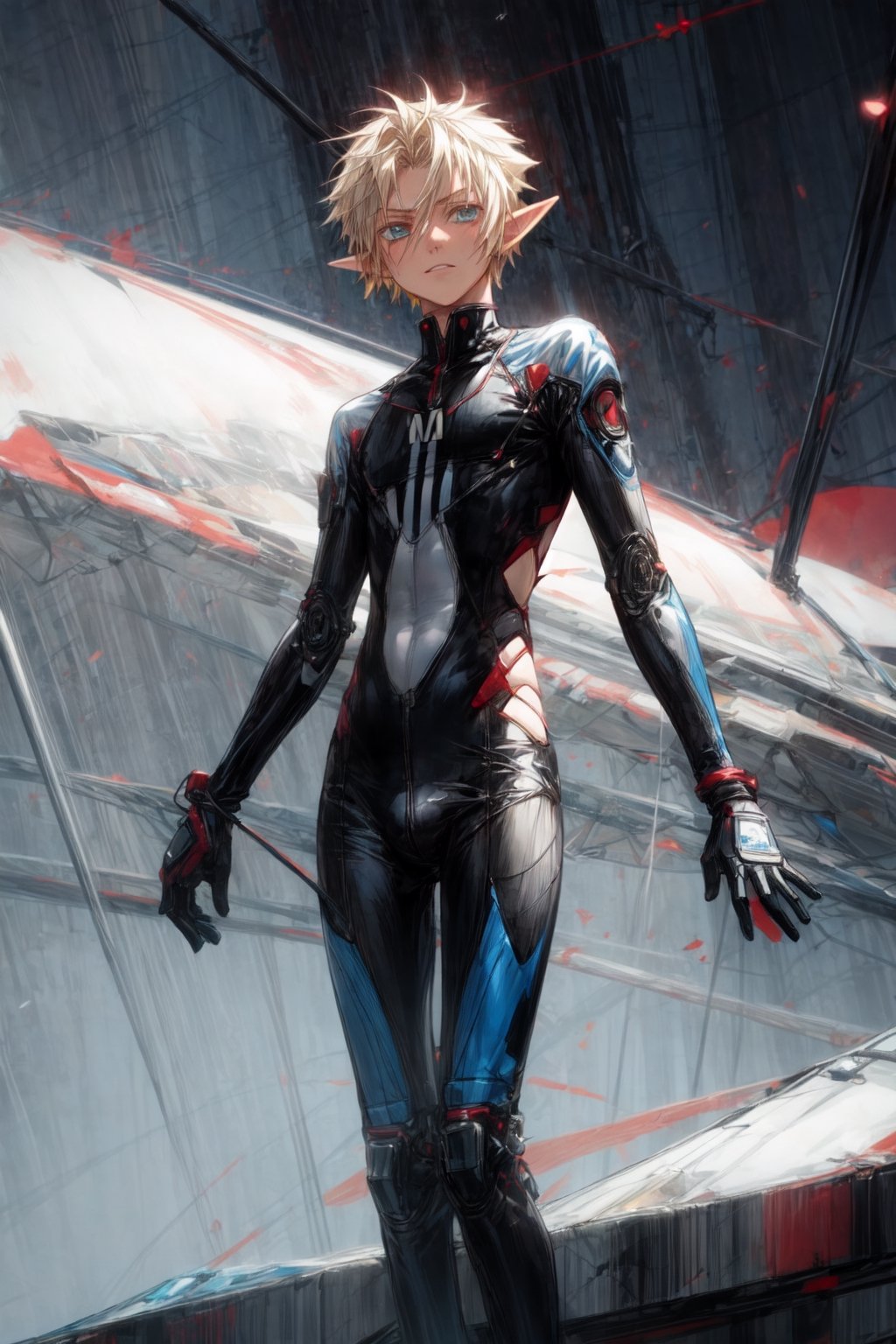 (1 boy, skinny, twink, teeny, young boy, elf, elven ears, middle hair, in a white triathlon suit, slim waist, bionic hand, full_body), middle-East cyberpunk location, cyberpunk background, masterpiece quality, best quality, highly detailed beautiful face, perfect eyes, soft sandy wind effect, cinematic still, nanase_haruka, nitori_aiichirou, vash the stampede, rimuru_tempest, perfecteyes, futureaodai, (evangelion:0.6)