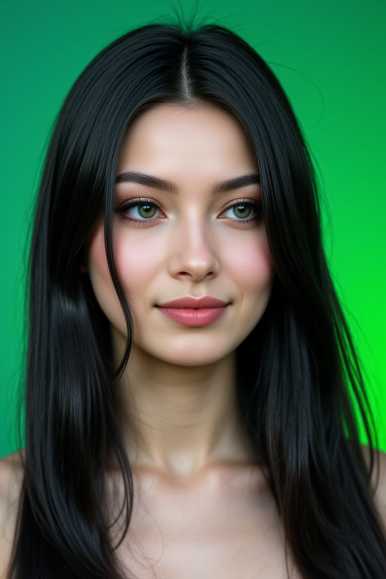  woman 25 years old, long straight hair, thick hair, detailed face, long eyelashes, detailed eyes, red cheeks, glossy skin, elegant woman, healthy skin tone, pretty and beauty woman face marks, pale snow white skin tone, light reflecting hair, blue green eyes, rossy cheeks, naturally glossy lips, black hair, 
(fully reflective shiny dress:1.3),  
looking aside, 
hot green gradient background, 
detailed, quality, professional camera photo, spotlight, photo session, dramatic lighting on face,Nayane