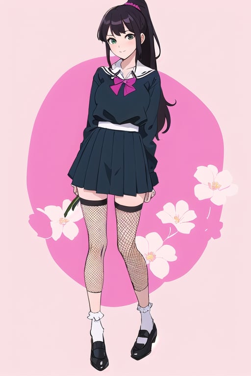 young woman, abstract pink background, clothing theme, long black hair, schoolgirl costume,nemu, flowers around, long fishnet socks, ponytail 