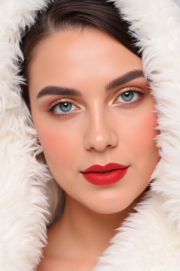 Close-up of a woman's face and upper chest, wearing a white faux fur hood. 


The woman's face is angled toward the viewer, and her expression is neutral.  Her eyes are light blue, and her eyebrows are well-defined, with a subtle brown tone. A warm, shimmery, gold-toned eyeshadow and blush are applied, creating a delicate highlight on her cheekbones.  Her lips are full and painted with a vibrant red lipstick.  Her skin appears smooth and naturally toned. Dark brown hair is styled to partially frame her face.


The white fur around her face and upper torso is thick and fluffy, creating a soft texture contrast with the smooth appearance of her skin.  The light source is soft and diffused, casting no strong shadows on her face.  The background is a light, neutral tone that does not distract from the subject.