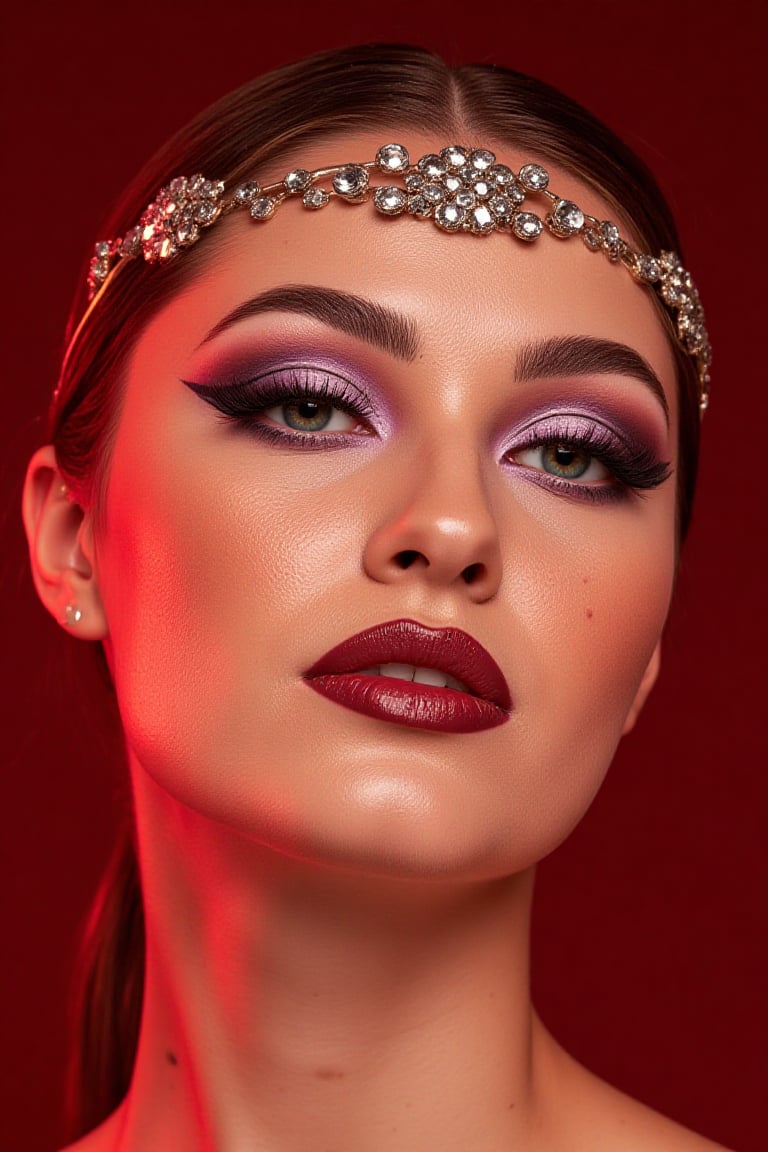 A stunning close-up portrait of a woman adorned with elaborate makeup and a studded jeweled headband. The camera zooms in on her face, showcasing the intricate details of her porcelain skin, sprinkled with freckles across her cheeks and nose. Her heavily accented eyelids shimmer with a mesmerizing blend of purple, white, and gold tones, while her luscious lips gleam with a deep burgundy sheen. The studded headband, resembling a floral design, frames her forehead like a delicate crown. Against the rich red backdrop, the lighting casts soft shadows, accentuating her features and creating an aura of dramatic beauty, perfect for a high-end fashion or beauty editorial.