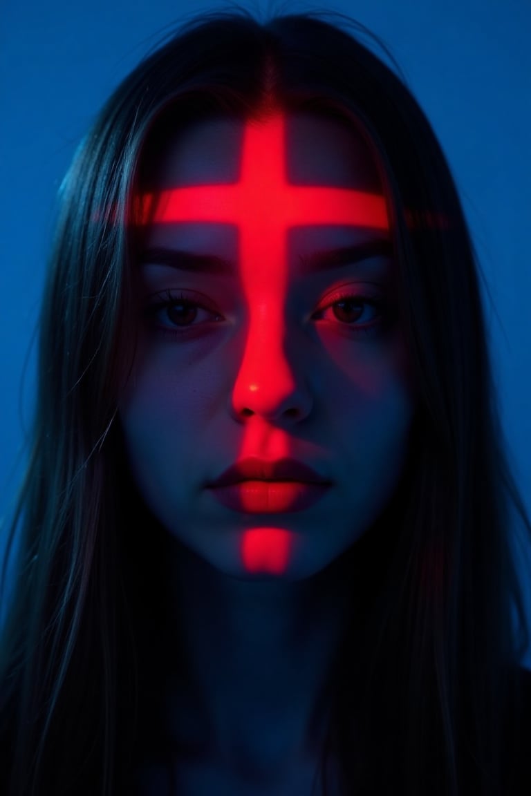 CridLight,  A shot of a norway woman's face is adorned with bright red crucifix-shaped light spot. The woman's eyes are a...