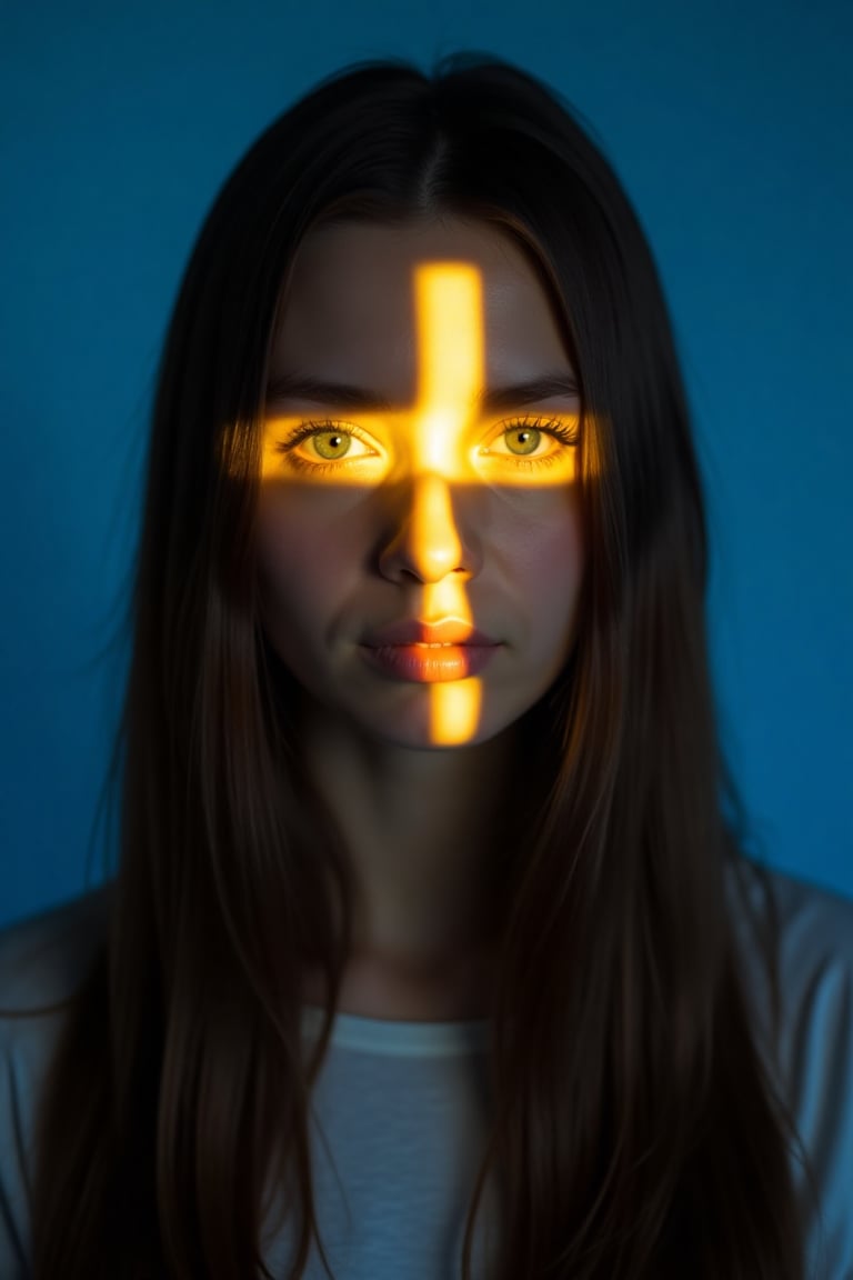 CridLight,  A shot of a finnish woman's face is adorned with bright yellow crucifix-shaped light spot. The woman's eyes ar...