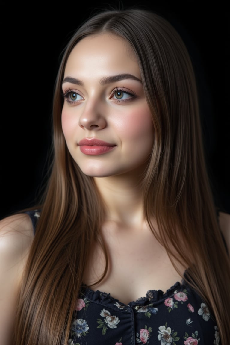  woman 25 years old, long straight hair, thick hair, detailed face, long eyelashes, detailed eyes, red cheeks, glossy skin, elegant woman, healthy skin tone, pretty and beauty woman face marks, pale snow white skin tone, thick hair, blue green eyes, pink cheeks, glossy lips, light white skine tone, 
dress, 
looking aside, 
black background, 
detailed, quality, professional camera photo, spotlight, photo session, dramatic lighting on face,Nayane,dr4in