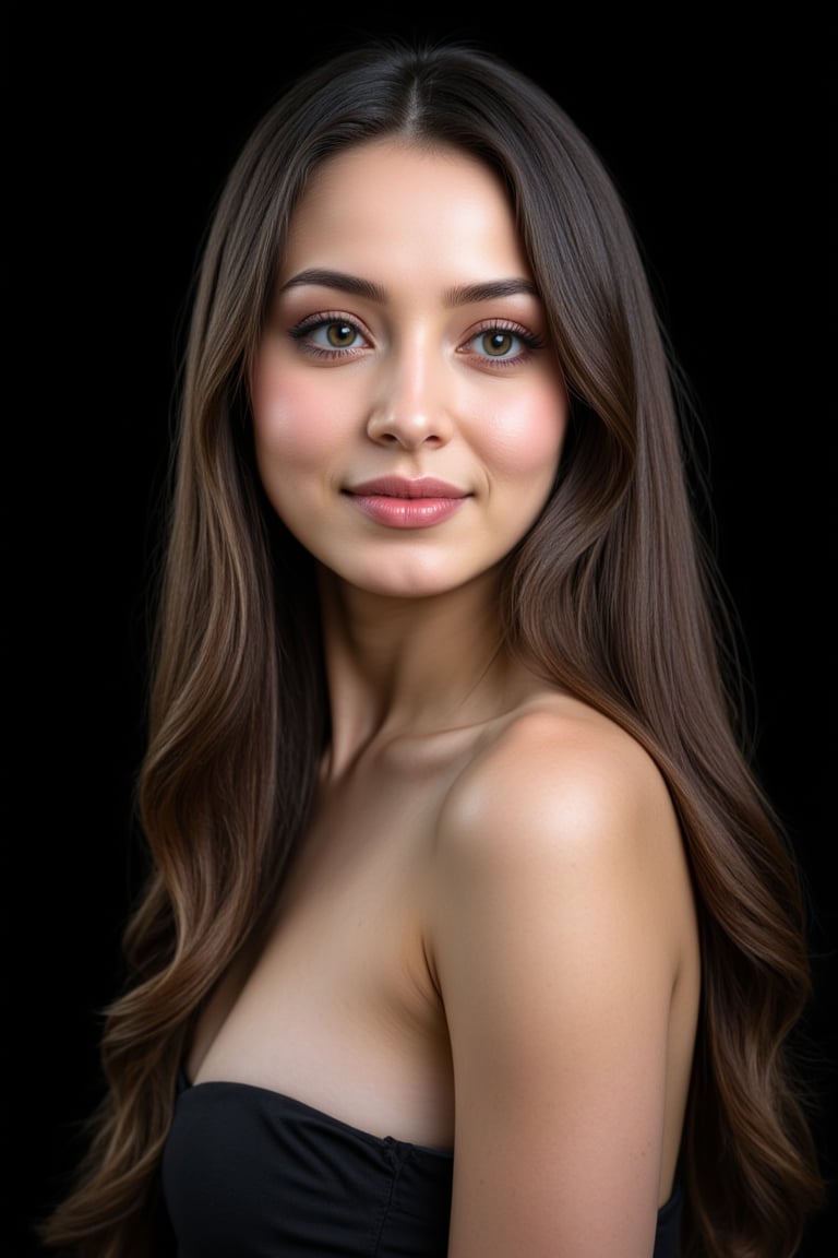  woman 25 years old, long straight hair, thick hair, detailed face, long eyelashes, detailed eyes, red cheeks, glossy skin, elegant woman, healthy skin tone, pretty and beauty woman face marks, pale snow white skin tone, thick hair, blue green eyes, pink cheeks, glossy lips, 
dress, 
looking aside, 
black background, 
detailed, quality, professional camera photo, spotlight, photo session, dramatic lighting on face,Nayane