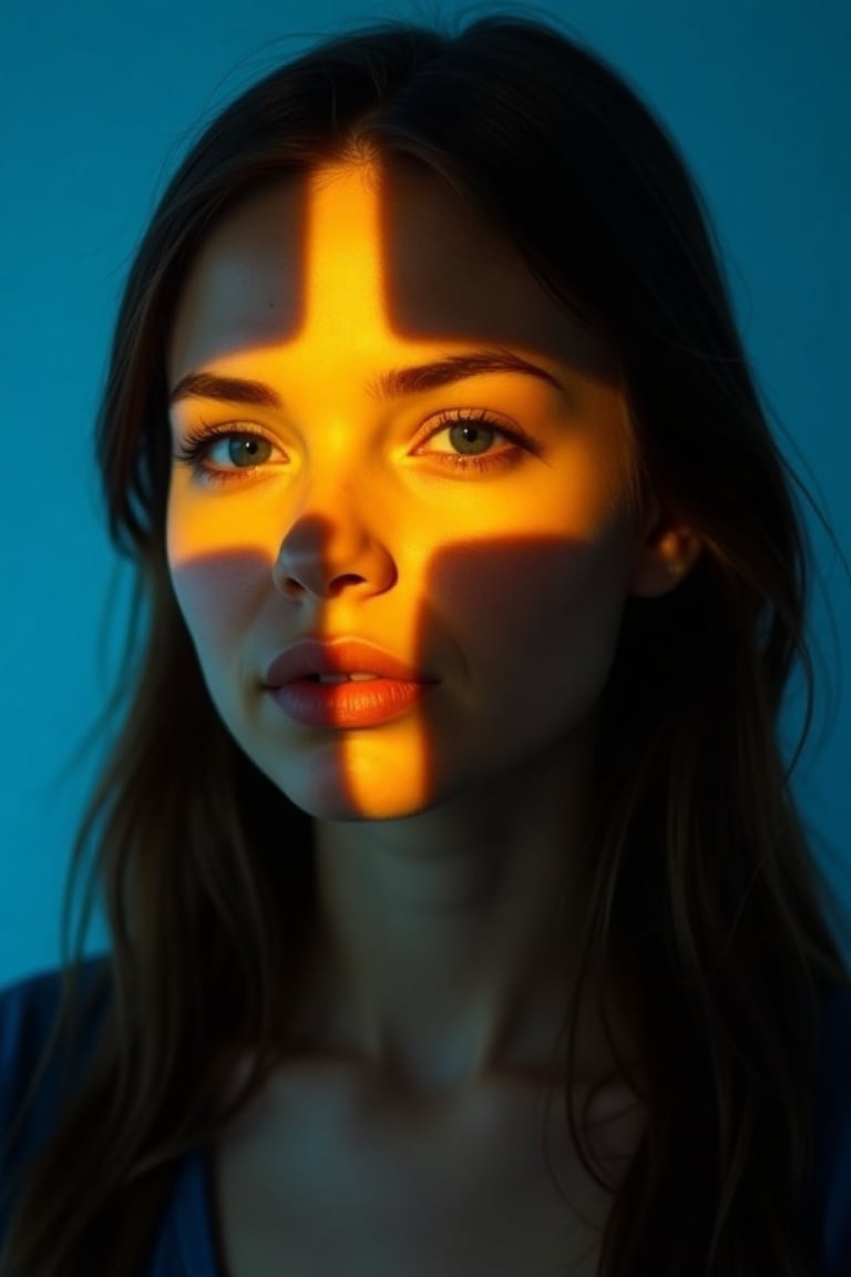 CridLight,  A shot of a finnish woman's face is adorned with bright yellow crucifix-shaped light spot. The woman's eyes ar...