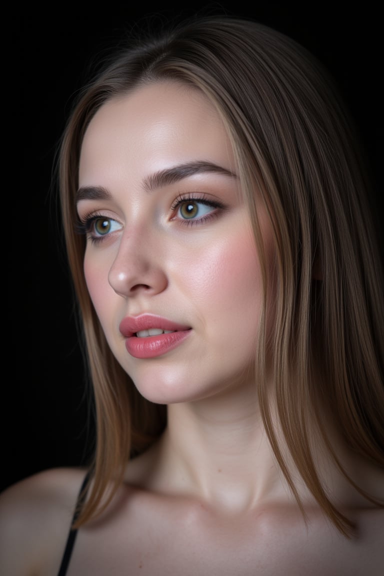  woman 25 years old, long straight hair, thick hair, detailed face, long eyelashes, detailed eyes, red cheeks, glossy skin, elegant woman, healthy skin tone, pretty and beauty woman face marks, pale snow white skin tone, thick hair, blue green eyes, pink cheeks, glossy lips, light white skine tone, 
dress, 
looking aside, 
black background, 
detailed, quality, professional camera photo, spotlight, photo session, dramatic lighting on face,Nayane