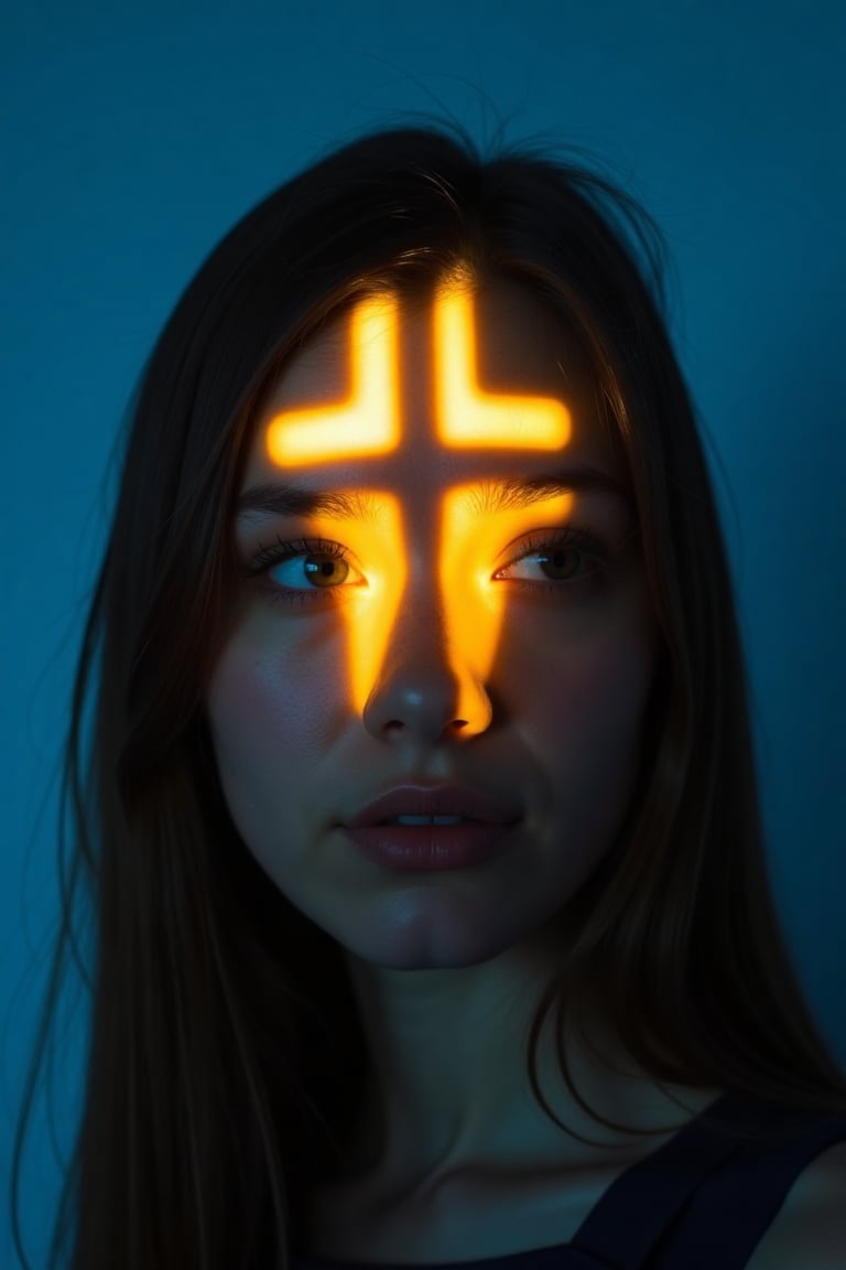 CridLight,  A shot of a finnish woman's face is adorned with bright yellow crucifix-shaped light spot. The woman's eyes ar...