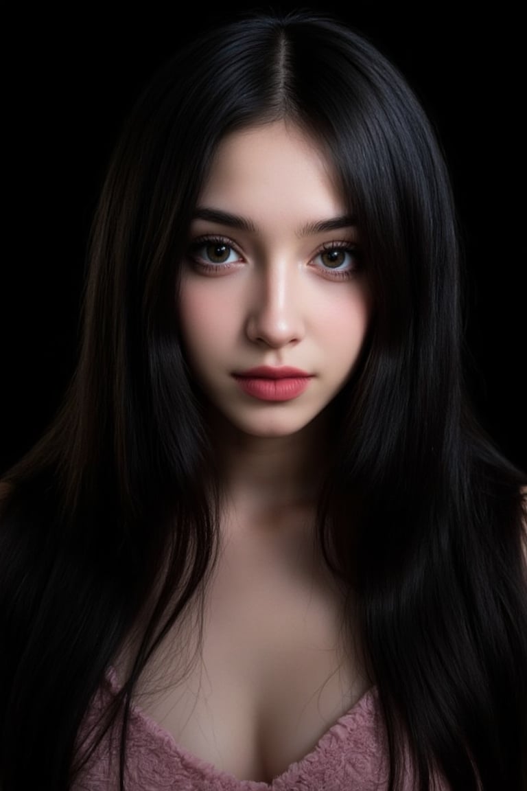  woman 25 years old, long straight hair, thick hair, detailed face, long eyelashes, detailed eyes, red cheeks, glossy skin, elegant woman, healthy skin tone, pretty and beauty woman face marks, pale snow white skin tone, thick hair, blue green eyes, pink cheeks, glossy lips, light white skine tone, black hair, 
dress, 
looking aside, 
black background, 
detailed, quality, professional camera photo, spotlight, photo session, dramatic lighting on face,Nayane,dr4in