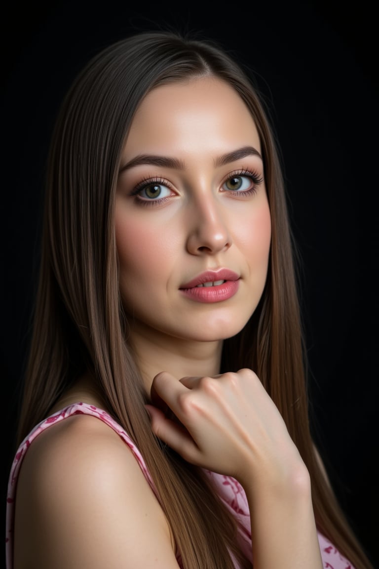  woman 25 years old, long straight hair, thick hair, detailed face, long eyelashes, detailed eyes, red cheeks, glossy skin, elegant woman, healthy skin tone, pretty and beauty woman face marks, pale snow white skin tone, thick hair, blue green eyes, pink cheeks, glossy lips, 
dress, 
looking aside, 
black background, 
detailed, quality, professional camera photo, spotlight, photo session, dramatic lighting on face,Nayane