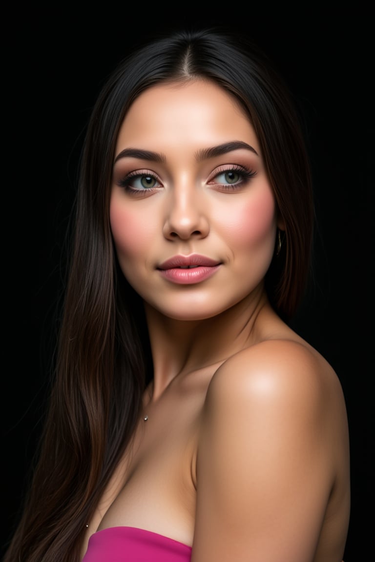  woman 25 years old, long straight hair, thick hair, detailed face, long eyelashes, detailed eyes, red cheeks, glossy skin, elegant woman, healthy skin tone, pretty and beauty woman face marks, pale snow white skin tone, thick hair, blue green eyes, pink cheeks, glossy lips, 
dress, 
looking aside, 
black background, 
detailed, quality, professional camera photo, spotlight, photo session, dramatic lighting on face,Nayane