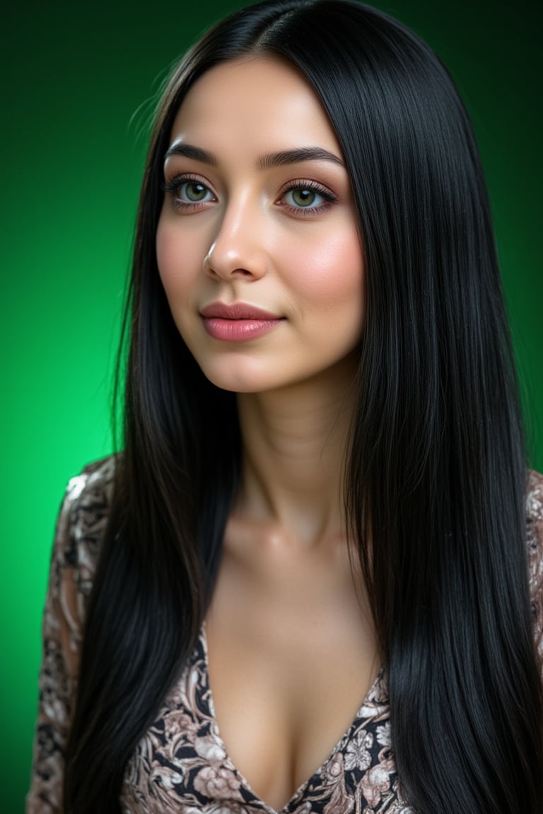  woman 25 years old, long straight hair, thick hair, detailed face, long eyelashes, detailed eyes, red cheeks, glossy skin, elegant woman, healthy skin tone, pretty and beauty woman face marks, pale snow white skin tone, light reflecting hair, blue green eyes, rossy cheeks, naturally glossy lips, black hair, 
(fully reflective shiny dress:1.3),  
looking aside, 
hot green gradient background, 
detailed, quality, professional camera photo, spotlight, photo session, dramatic lighting on face,Nayane