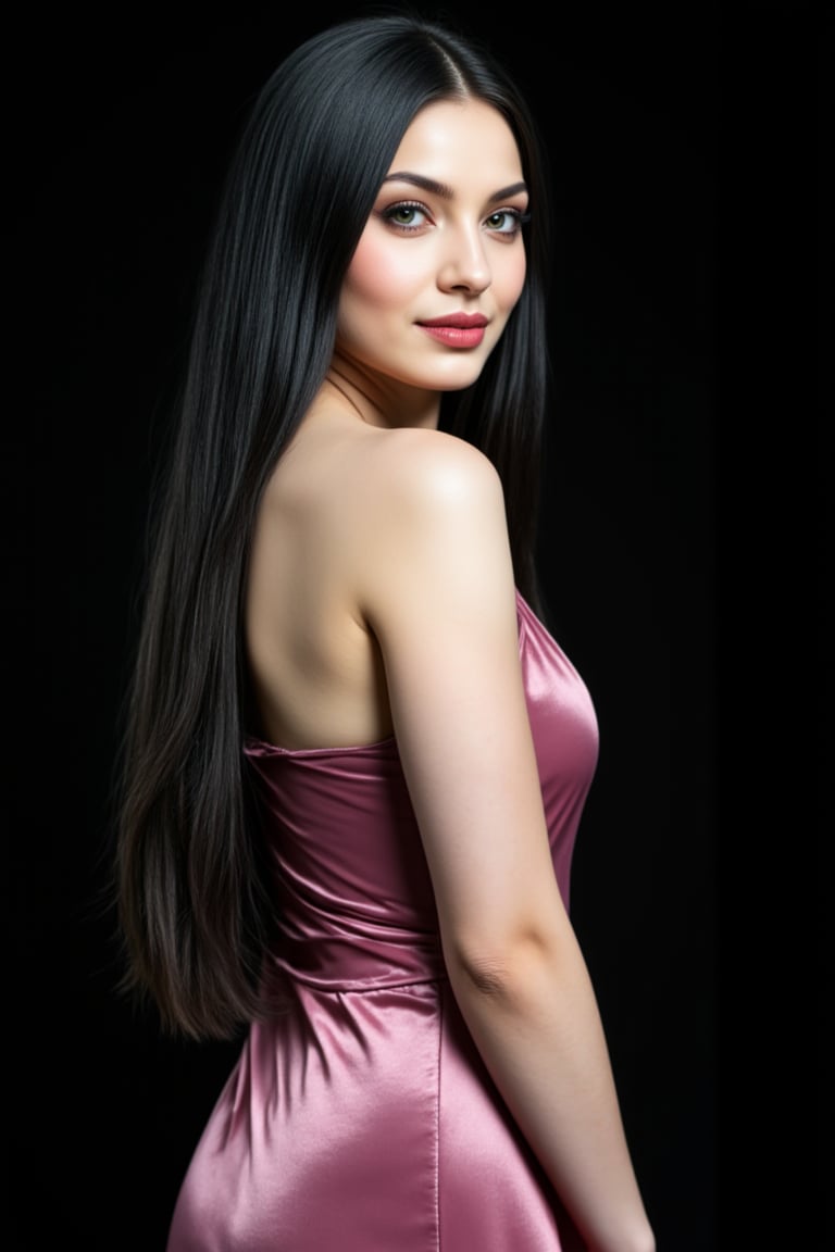  woman 25 years old, long straight hair, thick hair, detailed face, long eyelashes, detailed eyes, red cheeks, glossy skin, elegant woman, healthy skin tone, pretty and beauty woman face marks, pale snow white skin tone, light reflecting hair, blue green eyes, rossy cheeks, naturally glossy lips, black hair, 
(fully reflective shiny dress:1.3),  
looking aside, 
black background, 
detailed, quality, professional camera photo, spotlight, photo session, dramatic lighting on face,Nayane