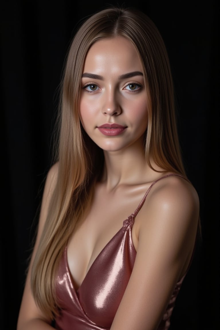  woman 25 years old, long straight hair, thick hair, detailed face, long eyelashes, detailed eyes, red cheeks, glossy skin, elegant woman, healthy skin tone, pretty and beauty woman face marks, pale snow white skin tone, light reflecting hair, blue green eyes, rossy cheeks, naturally glossy lips, 
(fully reflective shiny dress:1.3),  
looking aside, 
black background, 
detailed, quality, professional camera photo, spotlight, photo session, dramatic lighting on face, 
