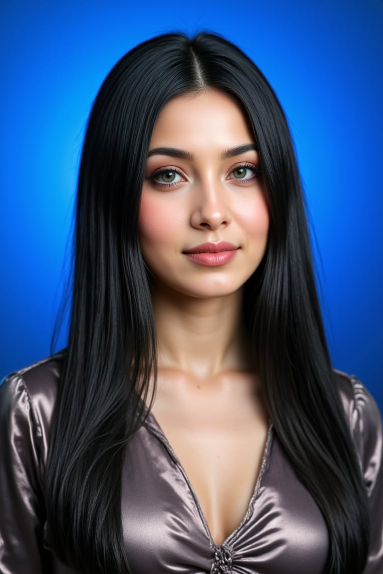  woman 25 years old, long straight hair, thick hair, detailed face, long eyelashes, detailed eyes, red cheeks, glossy skin, elegant woman, healthy skin tone, pretty and beauty woman face marks, pale snow white skin tone, light reflecting hair, blue green eyes, rossy cheeks, naturally glossy lips, black hair, 
(fully reflective shiny dress:1.3),  
looking aside, 
bright blue gradient background, 
detailed, quality, professional camera photo, spotlight, photo session, dramatic lighting on face,Nayane