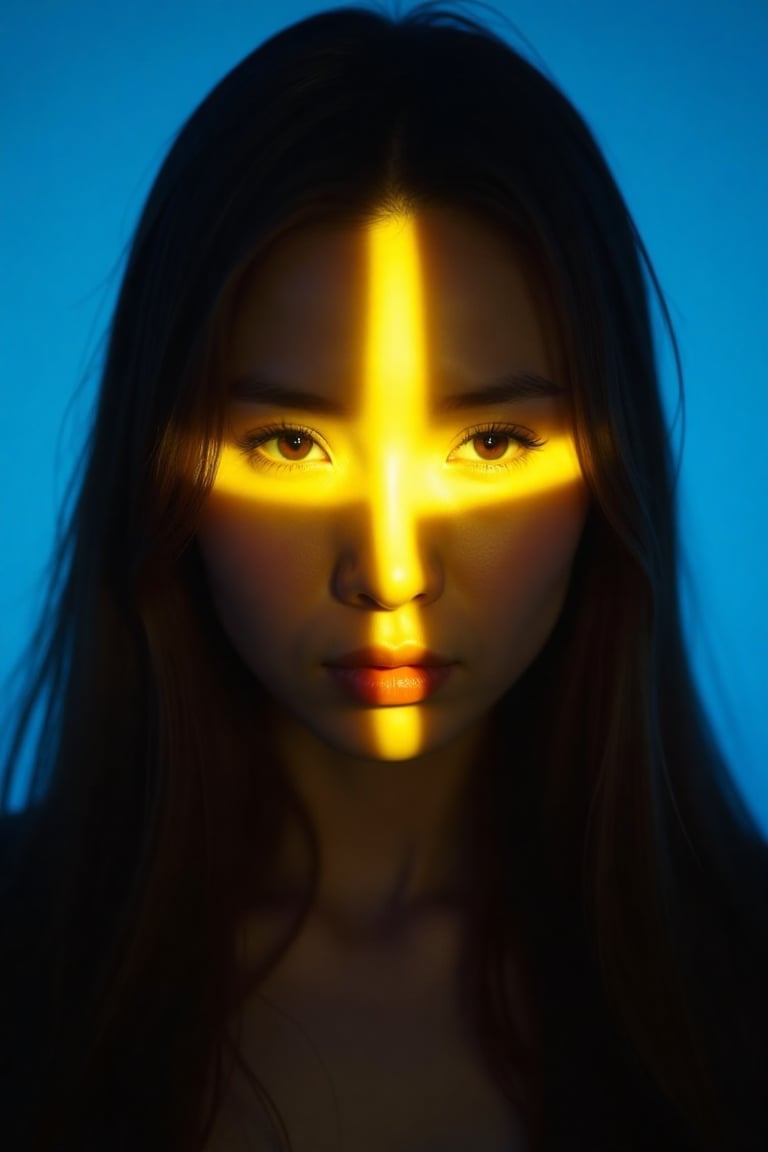 CridLight,  A shot of a finnish woman's face is adorned with bright yellow crucifix-shaped light spot. The woman's eyes ar...