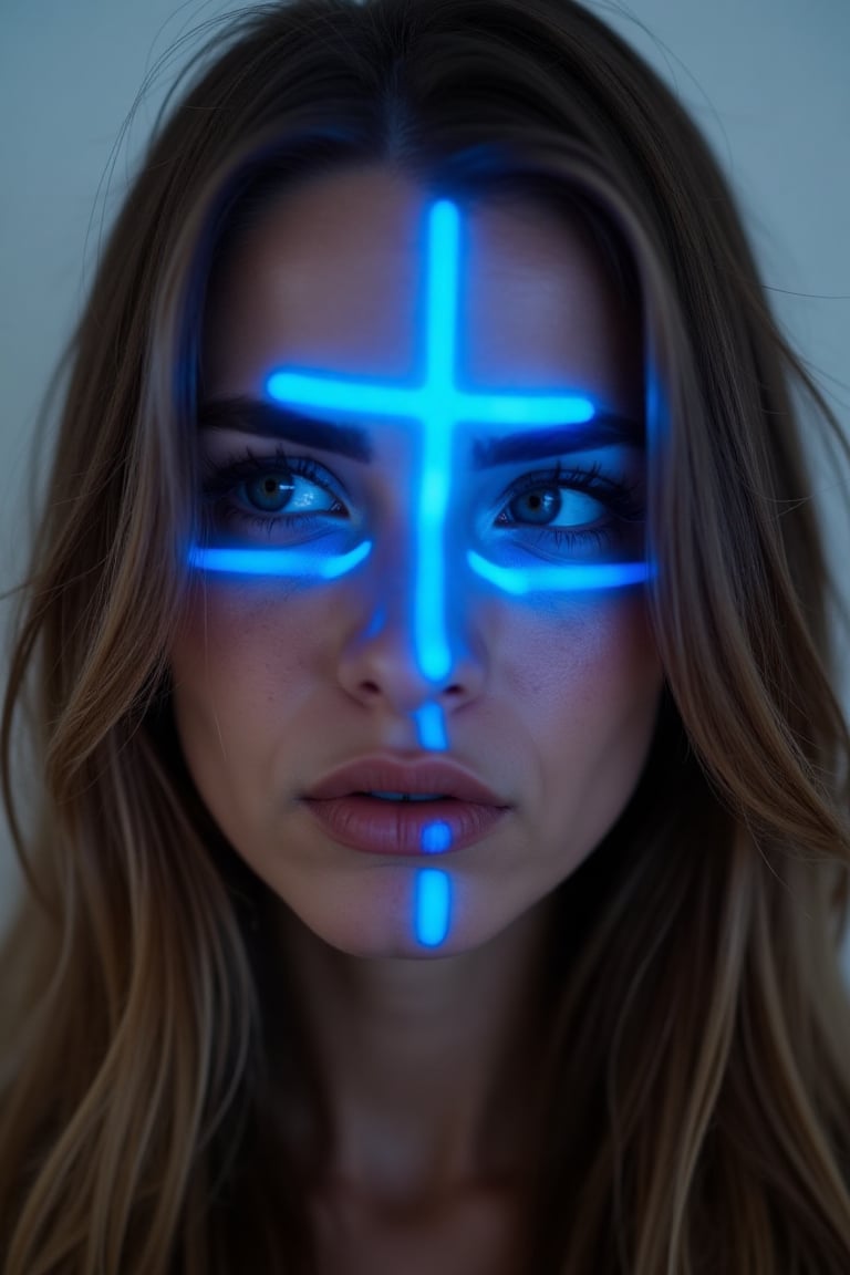 CridLight,  A shot of a finnish woman's face is adorned with cyan-blue crucifix-shaped light spot. The woman's eyes are a...