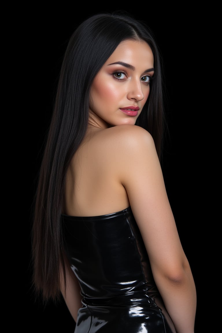  woman 25 years old, long straight hair, thick hair, detailed face, long eyelashes, detailed eyes, red cheeks, glossy skin, elegant woman, healthy skin tone, pretty and beauty woman face marks, pale snow white skin tone, light reflecting hair, blue green eyes, rossy cheeks, naturally glossy lips, black hair, 
(fully reflective shiny dress:1.3),  
looking aside, 
black background, 
detailed, quality, professional camera photo, spotlight, photo session, dramatic lighting on face,Nayane