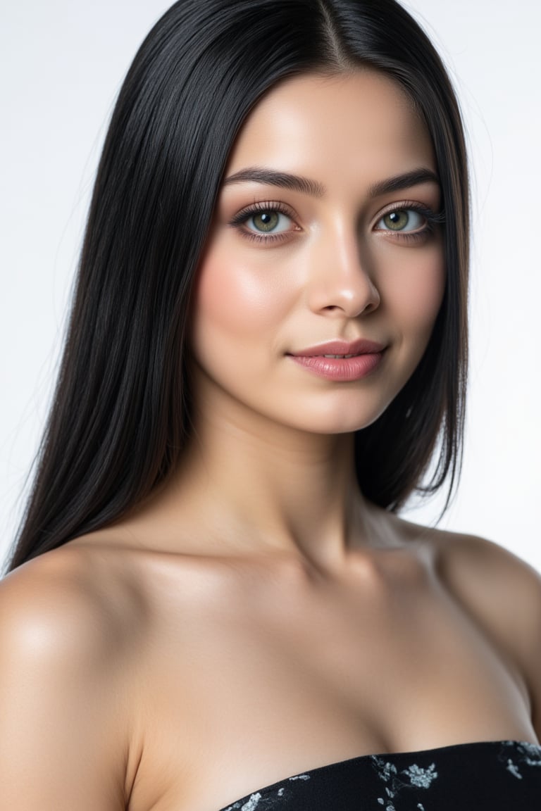  woman 25 years old, long straight hair, thick hair, detailed face, long eyelashes, detailed eyes, red cheeks, glossy skin, elegant woman, healthy skin tone, pretty and beauty woman face marks, pale snow white skin tone, light reflecting hair, blue green eyes, rossy cheeks, naturally glossy lips, black hair, 
(fully reflective shiny dress:1.3),  
looking aside, 
white background, 
detailed, quality, professional camera photo, spotlight, photo session, dramatic lighting on face,Nayane