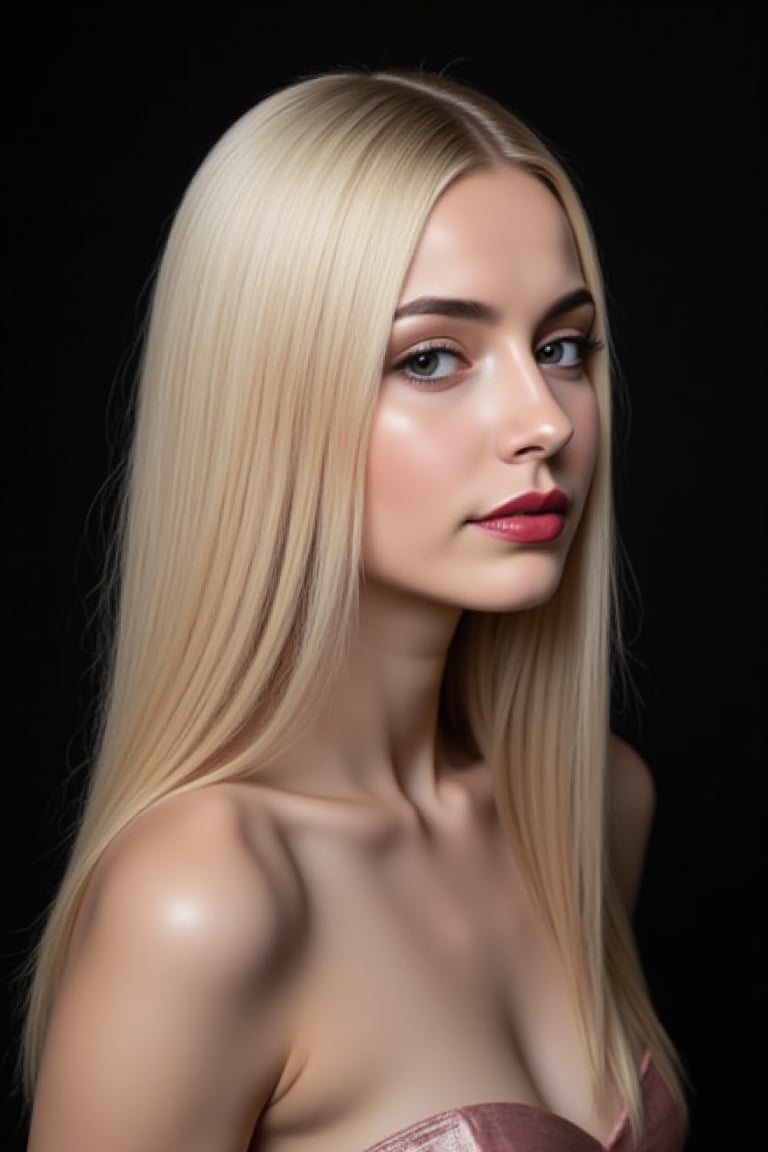  woman 25 years old, long straight hair, thick hair, detailed face, long eyelashes, detailed eyes, red cheeks, glossy skin, elegant woman, healthy skin tone, pretty and beauty woman face marks, pale snow white skin tone, light reflecting hair, blue green eyes, rossy cheeks, naturally glossy lips, 
(fully reflective shiny dress:1.3),  
looking aside, 
black background, 
detailed, quality, professional camera photo, spotlight, photo session, dramatic lighting on face, 
