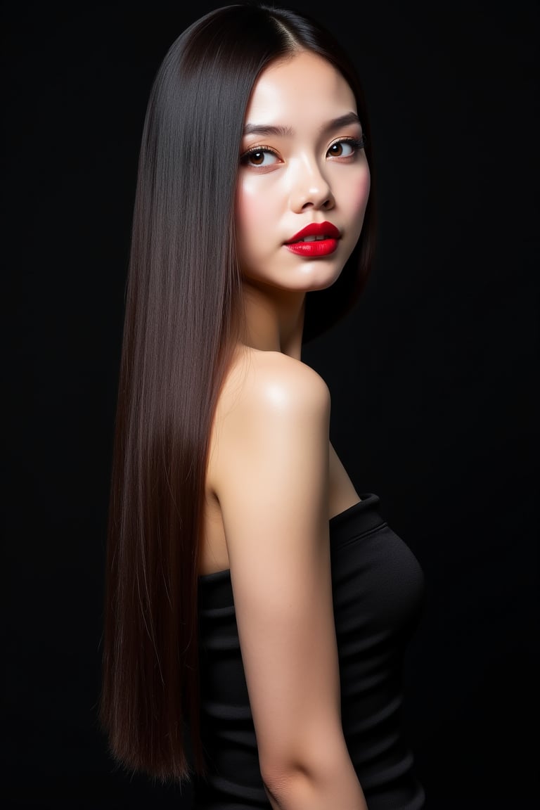 pretty woman,  sleek straight hair,  abstract black background by acc-n on Tensor.Art