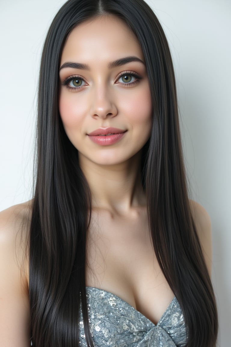  woman 25 years old, long straight hair, thick hair, detailed face, long eyelashes, detailed eyes, red cheeks, glossy skin, elegant woman, healthy skin tone, pretty and beauty woman face marks, pale snow white skin tone, light reflecting hair, blue green eyes, rossy cheeks, naturally glossy lips, black hair, 
(fully reflective shiny dress:1.3),  
looking aside, 
white background, 
detailed, quality, professional camera photo, spotlight, photo session, dramatic lighting on face,Nayane