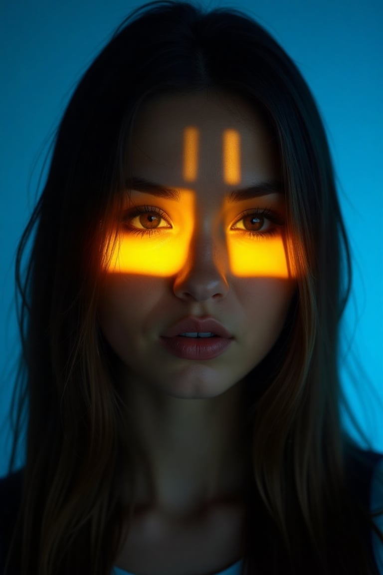 CridLight,  A shot of a finnish woman's face is adorned with bright yellow crucifix-shaped light spot. The woman's eyes ar...