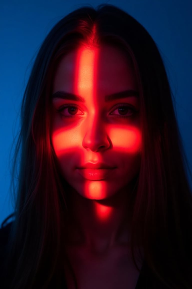 CridLight,  A shot of a norway woman's face is adorned with bright red crucifix-shaped light spot. The woman's eyes are a...