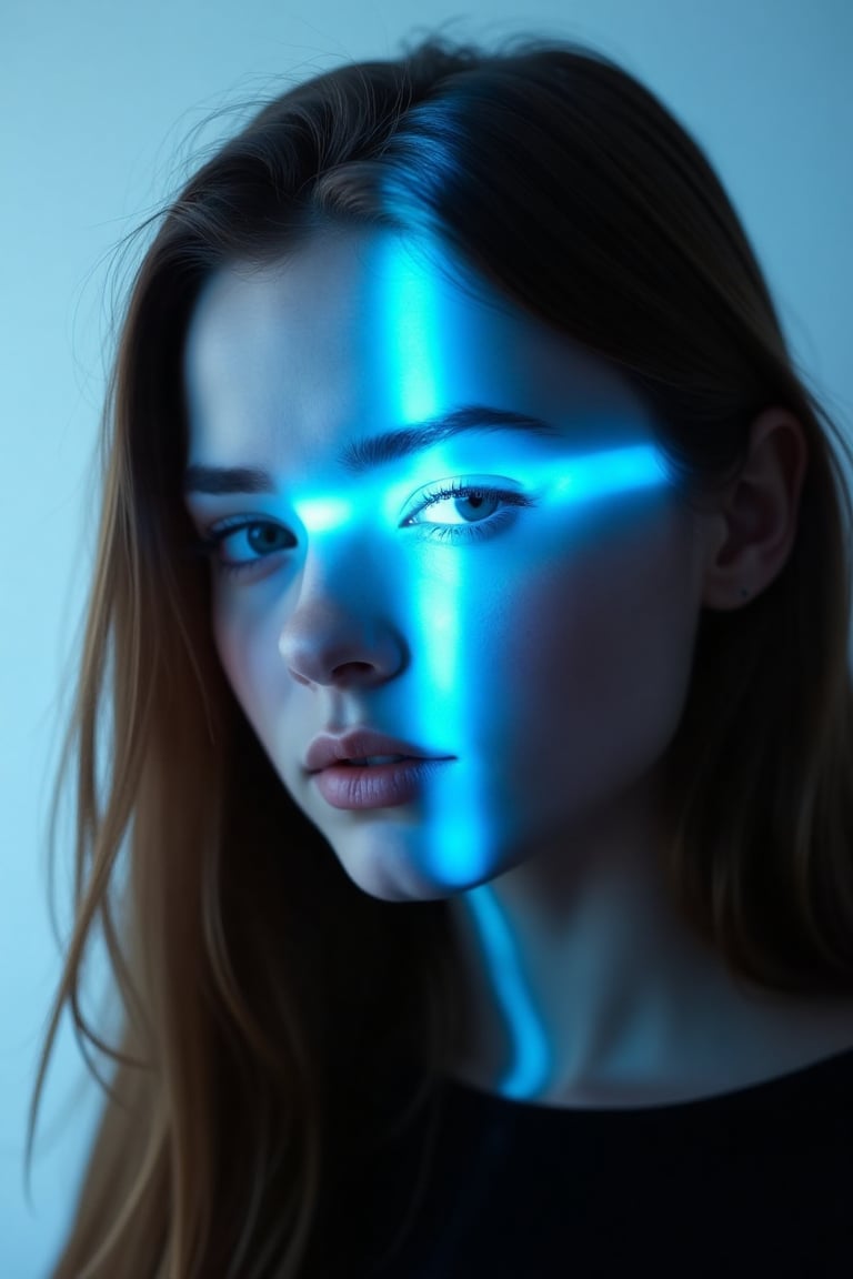 CridLight,  A shot of a finnish woman's face is adorned with cyan-blue crucifix-shaped light spot. The woman's eyes are a...