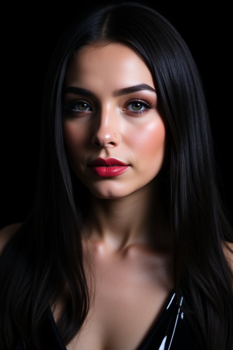  woman 25 years old, long straight hair, thick hair, detailed face, long eyelashes, detailed eyes, red cheeks, glossy skin, elegant woman, healthy skin tone, pretty and beauty woman face marks, pale snow white skin tone, light reflecting hair, blue green eyes, rossy cheeks, naturally glossy lips, black hair, 
(fully reflective shiny dress:1.3),  
looking aside, 
black background, 
detailed, quality, professional camera photo, spotlight, photo session, dramatic lighting on face,Nayane