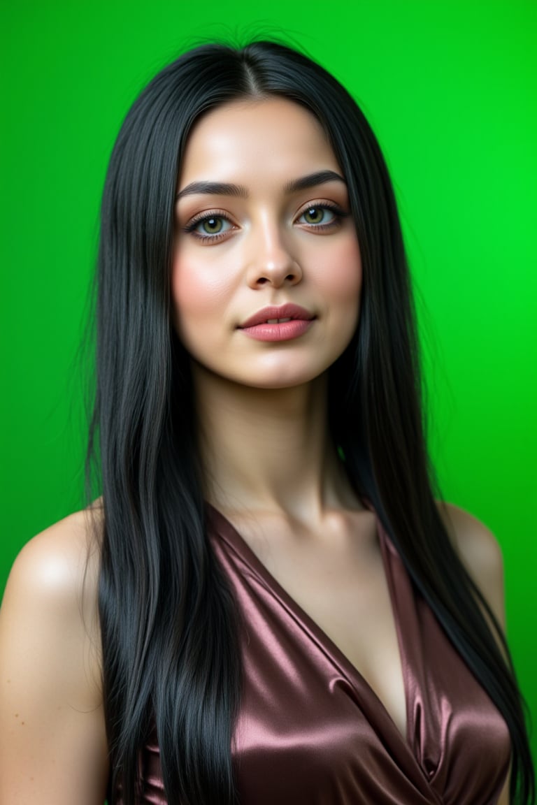  woman 25 years old, long straight hair, thick hair, detailed face, long eyelashes, detailed eyes, red cheeks, glossy skin, elegant woman, healthy skin tone, pretty and beauty woman face marks, pale snow white skin tone, light reflecting hair, blue green eyes, rossy cheeks, naturally glossy lips, black hair, 
(fully reflective shiny dress:1.3),  
looking aside, 
hot green gradient background, 
detailed, quality, professional camera photo, spotlight, photo session, dramatic lighting on face,Nayane